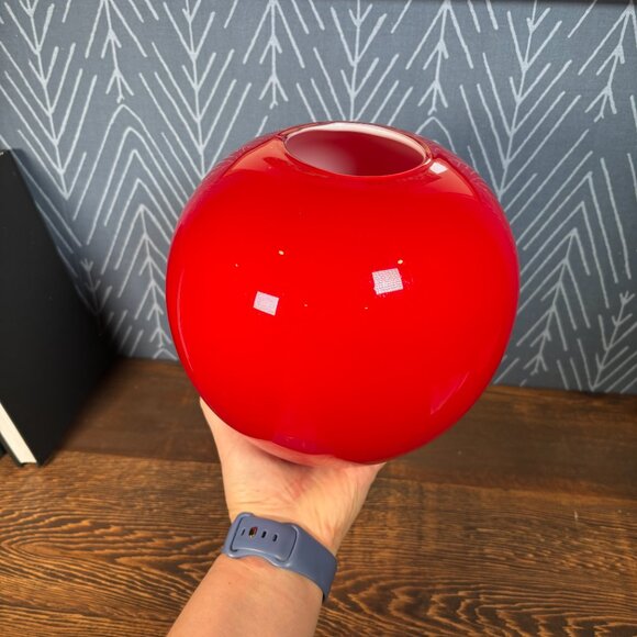 Red Blow Glass Globe Vase with White Interior Handcrafted Art Glass Home Decor - Picture 5 of 12